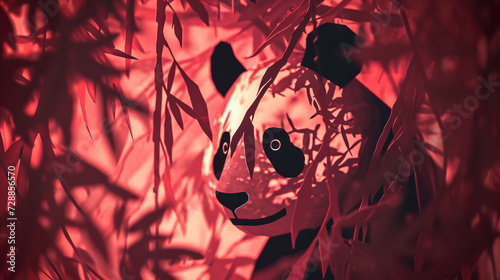  a picture of a panda bear in a tree with a red light in the background and a black and white panda bear in the foreground with a red light in the foreground.