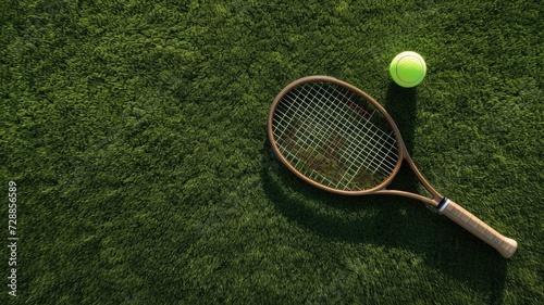 a wooden tennis racket and ball placed on a grass tennis court, executed in a minimalist style, capturing the essence of the sport with simplicity and elegance. © lililia