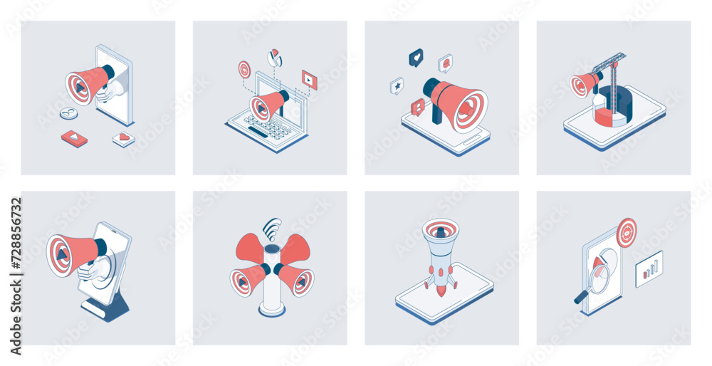 Digital marketing concept of isometric icons in 3d isometry design for web. Online promotion and advertising target, business communication with customers, viral promo content. Vector illustration