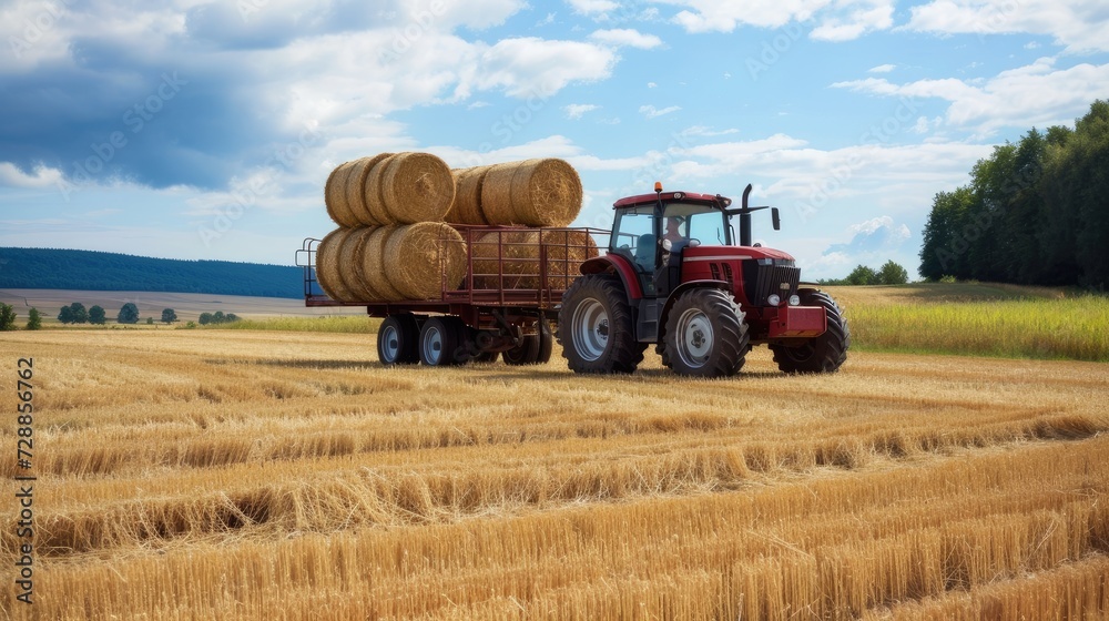 Obraz premium a farmer operating a tractor to load round hay bales onto a trailer, showcasing the agricultural process of harvesting and transporting straw bales with authentic realism and detail.