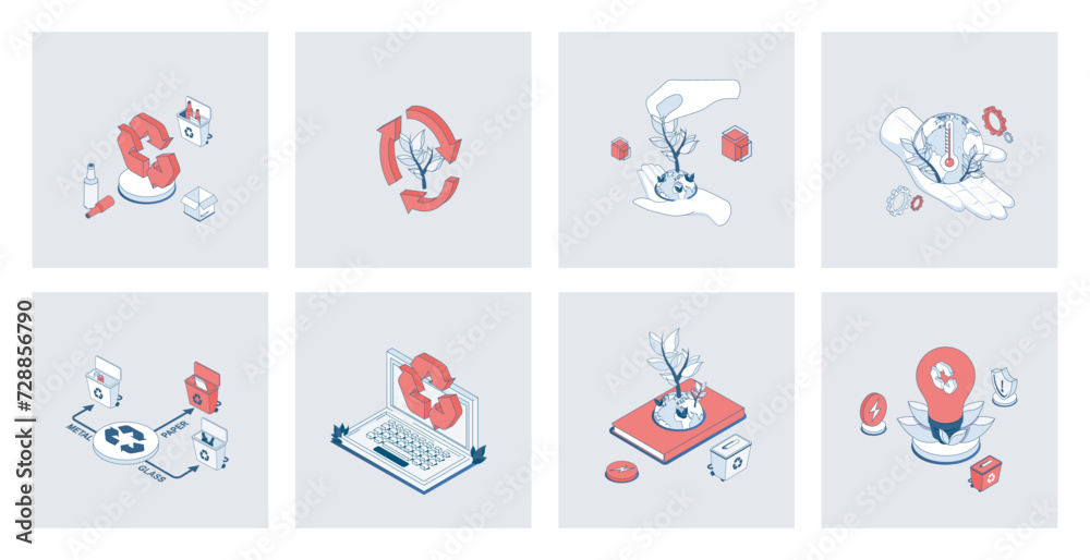 Ecology concept of isometric icons in 3d isometry design for web. Reuse ...