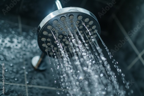 Water pours from the shower, close-up of splashes