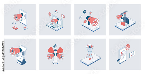 Digital marketing concept of isometric icons in 3d isometry design for web. Online promotion and advertising target, business communication with customers, viral promo content. Vector illustration