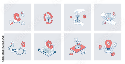 Ecology concept of isometric icons in 3d isometry design for web. Reuse and recycling technology, eco friendly, waste management, save planet and climate, alternative energy. Vector illustration