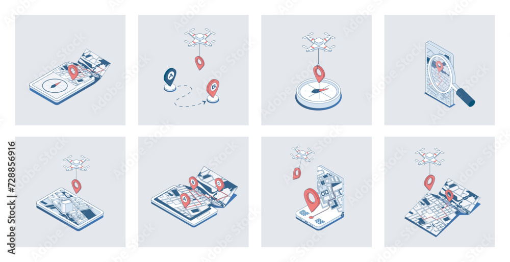Obraz premium GPS navigation concept of isometric icons in 3d isometry design for web. Global positioning system with maps, traffic and streets view, compass navigator, location route pointers. Vector illustration