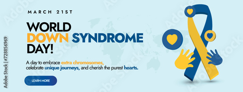 World Down Syndrome Day. 21 march  World Down Syndrome Day celebration cover banner with ribbon and handprints in yellow and blue colour. Down syndrome educational seminar, event, conference banner. photo
