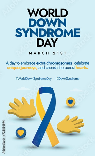 World Down Syndrome day. March 21, World down syndrome day celebration story post, social media post, banner with ribbon and hand prints in yellow and blue colour. Down syndrome day conceptual banner. photo