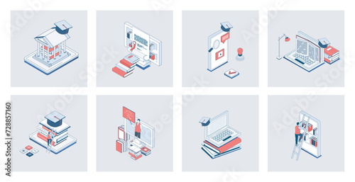 Online education concept of isometric icons in 3d isometry design for web. E-learning platform, distant study at school, college or university, virtual library wtih digital books. Vector illustration