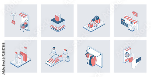 Shopping concept of isometric icons in 3d isometry design for web. Online purchasing, buying new goods in retail stores and shops, credit card payment with delivery service. Vector illustration
