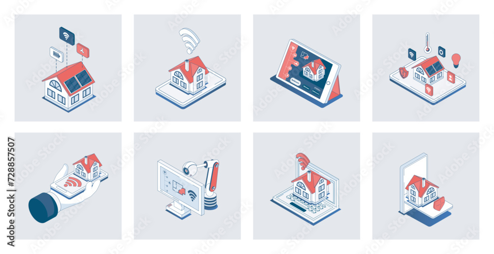 Smart home concept of isometric icons in 3d isometry design for web. Automation house monitoring and surveillance security system, wireless connection with different sensors. Vector illustration