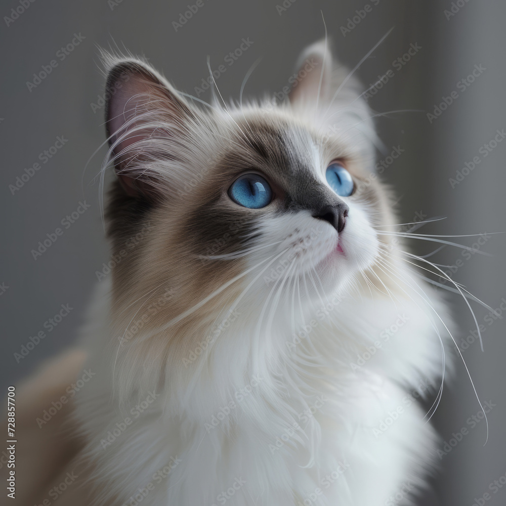 Adorable Ragdoll cat, gracefully posing with a Nepo kitty tag. Perfect for pet blogs, cat breed profiles, and marketing materials for cat-related products. 
