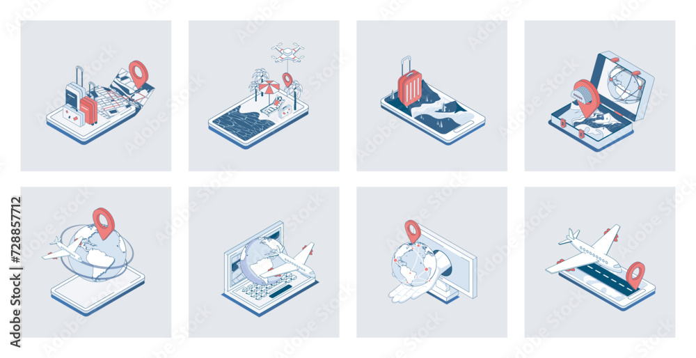Travelling concept of isometric icons in 3d isometry design for web ...