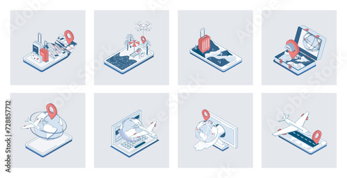 Travelling concept of isometric icons in 3d isometry design for web. Online tickets booking, flight with baggage to vacation, global tourism, summer trip to sea beach resort. Vector illustration