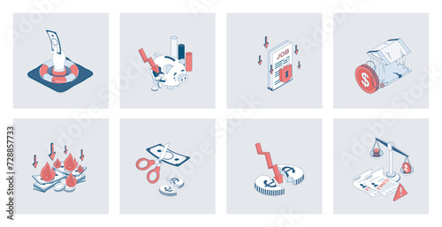 Unemployment and crisis concept of isometric icons in 3d isometry design for web. Financial problems and job loss, poverty and jobless, global economic recession with arrow down. Vector illustration