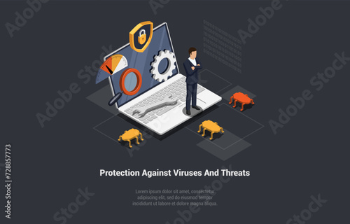 Concept Of Computer Viruses And Data Protection. Man Hacker Standing Near Huge Laptop, Lock And Bugs. Online Privacy, Cybersecurity Professional Protection. Isometric 3d Cartoon Vector Illustration