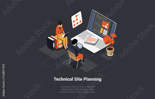 Technical Site Planning. Developing Website Process By Professional Engineers. Backend And Frontend Coding. Development of Websites and Mobile Applications. Isometric 3d Cartoon Vector Illustration