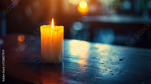  a lit candle sitting on top of a wooden table next to a glass of wine and a bottle of wine on a table in front of a blurry background.