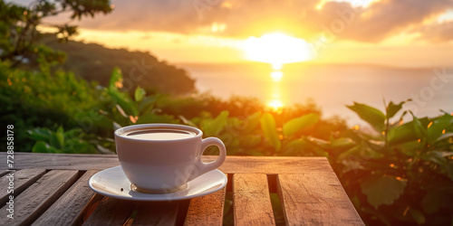 Fresh coffee cup outdoor in front of beautiful mountain