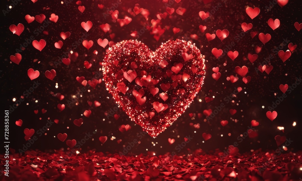Sparkling hearts on a red background. heart shaped bokeh. Valentine's Day