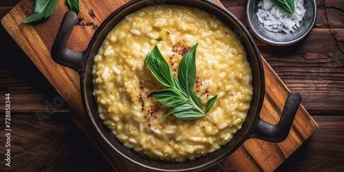 golden elegance on a plate: milanese risotto surrounded by its authentic ingredients in a dance of flavors. Ai Generated