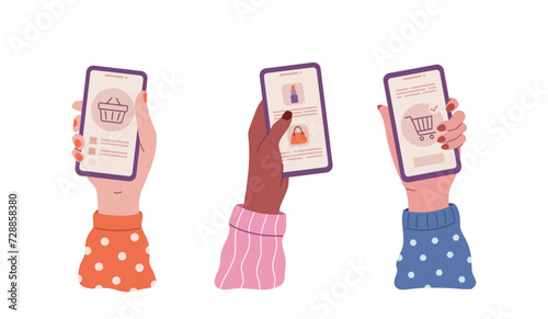 Online shopping on the phone. Hands holding the phone. Vector illustration