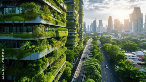 sustainable cityscape with green buildings and urban gardens, illustrating eco-friendly urban planning on Earth Day © Anna
