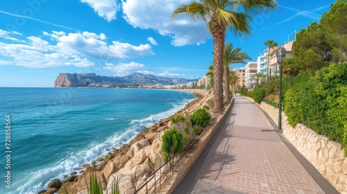 Scenic view of the beautiful town of Albir  featuring the main boulevard promenade  seaside beach  and the Mediterranean Sea