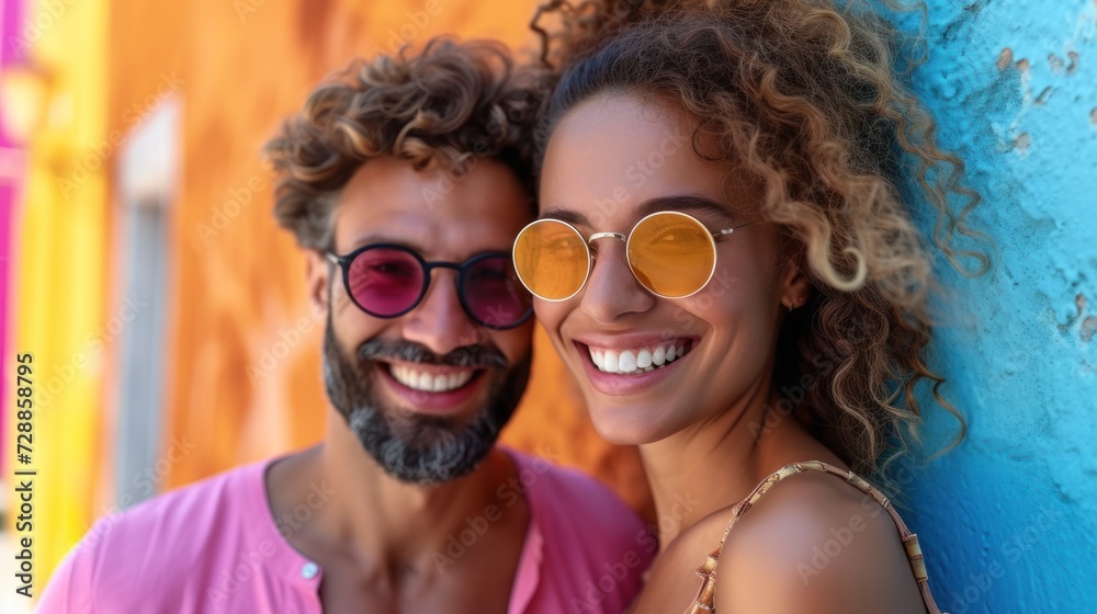 Joyful Couple in Colorful Sunglasses Joyful Couple in Colorful Sunglasses