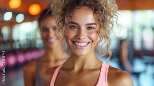 Energetic Curly Haired Woman at the Gym with Friend