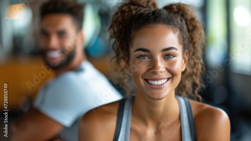 Friendly Woman with Curly Hair Smiling at Gym
