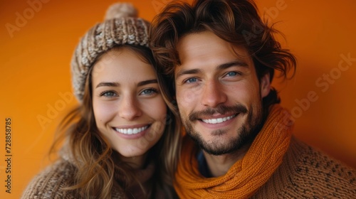 Warm Smiles in Winter Attire Against Orange Background