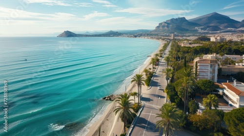 Scenic view of the beautiful town of Albir, featuring the main boulevard promenade, seaside beach, and the Mediterranean Sea