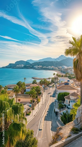 Scenic view of the beautiful town of Albir  featuring the main boulevard promenade  seaside beach  and the Mediterranean Sea