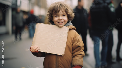 little boy holding a blank sign and smiling outdoor © Simon C