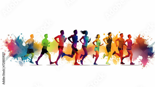 illustration of people running with colorful outfits and splashes  