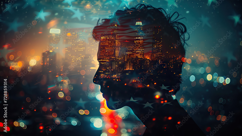 Double Multiple exposure image of young man side profile view face combined with panoramic city light and US flag background - AI Generated Abstract Art