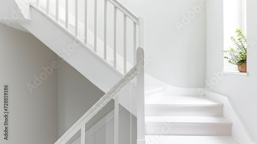  a white stair case with a potted plant on the top of it and a potted plant on the bottom of the stair case in front of the stair case.
