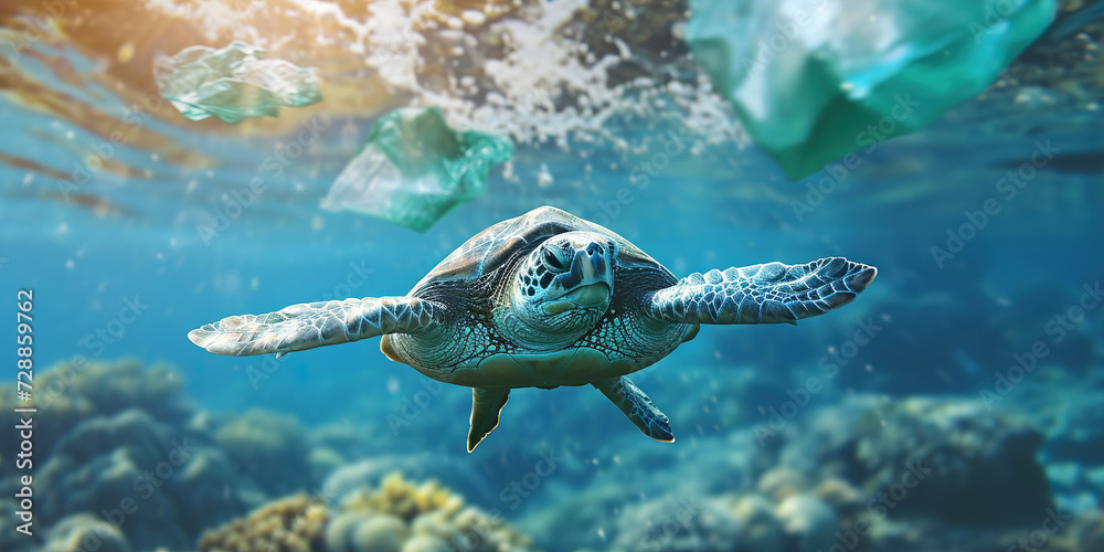 Obraz premium Impact of plastic pollution on sea turtles and ocean animal life. Environmental crisis