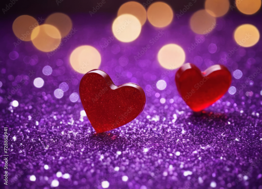 Hearts shine among the sparkling purple color. Valentine's Day
