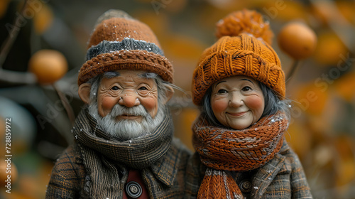 close up couple lover grandparent face smiling and standing in warm coat on blurred autumn background for International Day of Older Persons - AI Generated Abstract Art