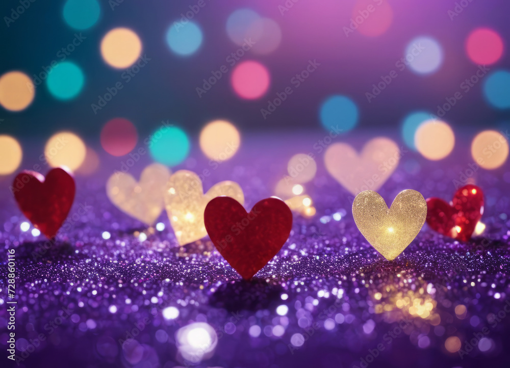 Hearts shine among the sparkling purple color. Valentine's Day Hearts shine among the sparkling purple color. Valentine's Day