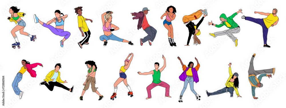Set of young people, teenagers performing different activities, dancing hip hop, breakdance, roller skating, exercising martial arts. Outline cartoon vector drawings isolated, transparent background. 