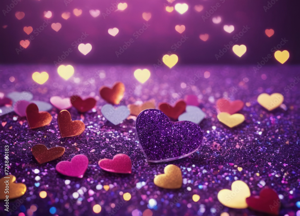 Hearts shine among the sparkling purple color. Valentine's Day