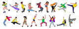 Set of young people, teenagers performing different activities, dancing hip hop, breakdance, roller skating, exercising martial arts. Outline cartoon vector drawings isolated, transparent background. 