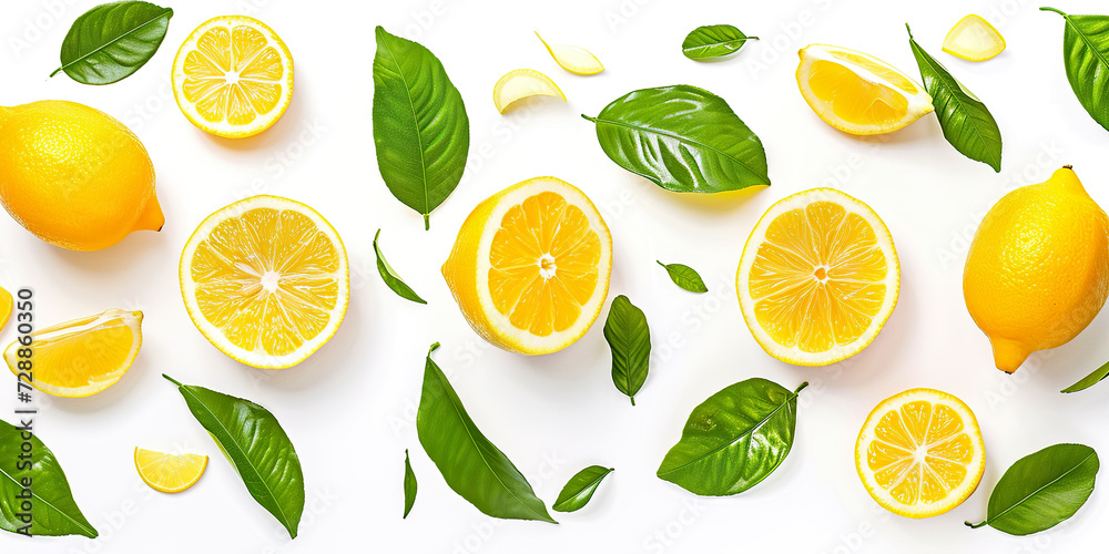 Juicy ripe flying yellow lemons with green background