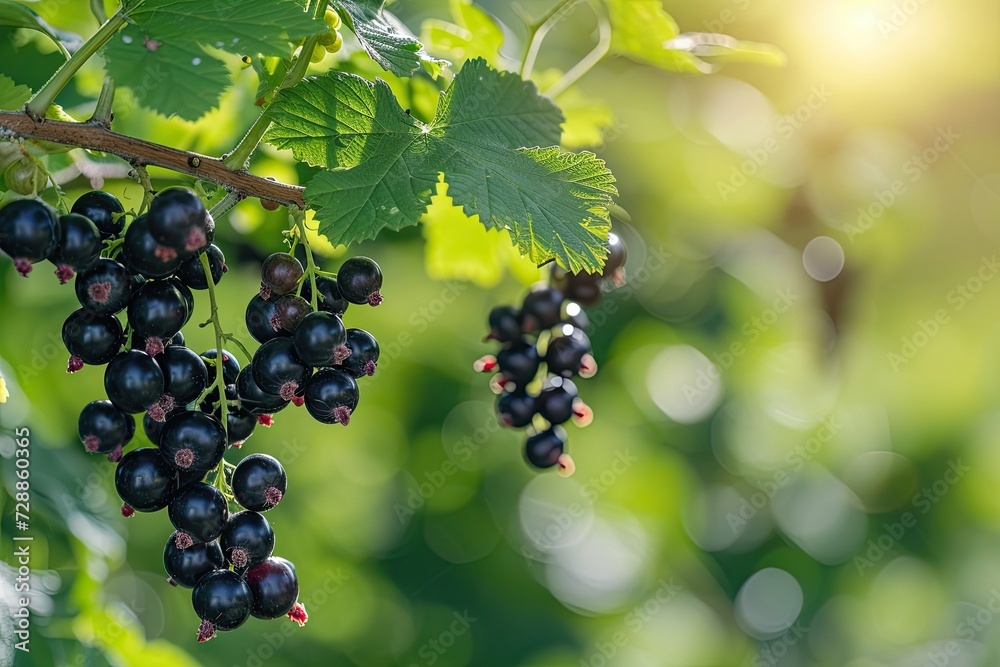 Black currant bush with ripe berries and leaves on green background for harvesting on farm or in garden