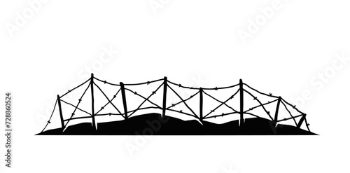 Barbed wire. Silhouette of military barricades. Defensive fortifications. Scenery of modern military conflict. Black illustration isolated on white