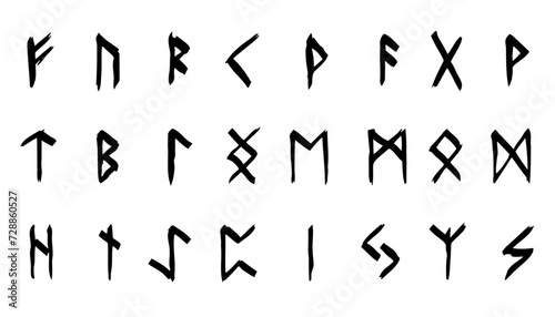 Scandinavian runes. black letters on white background. Set of old Norse Runic alphabet, Futhark. Ancient occult Viking characters on white background, rune font. photo