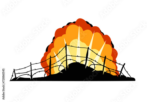 Barbed wire. Scenery of modern military conflict. Comic boom explosion. Big cartoon fireball. Fire bang and exploding. Silhouette of military barricades. Defensive fortifications.