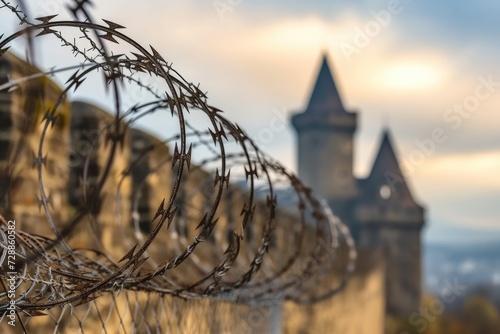Barbed wire and fence against castle and sky backdrop photo